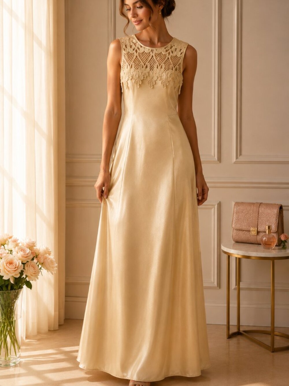 Jessica McClintock Vintage Designer Satin Maxi Dress Formal Romantic Cottagecore